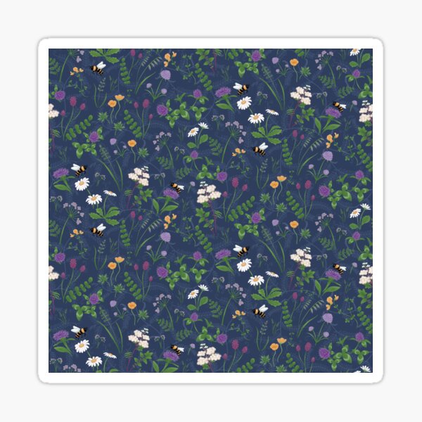 Meadow flowers and bees, blue Sticker