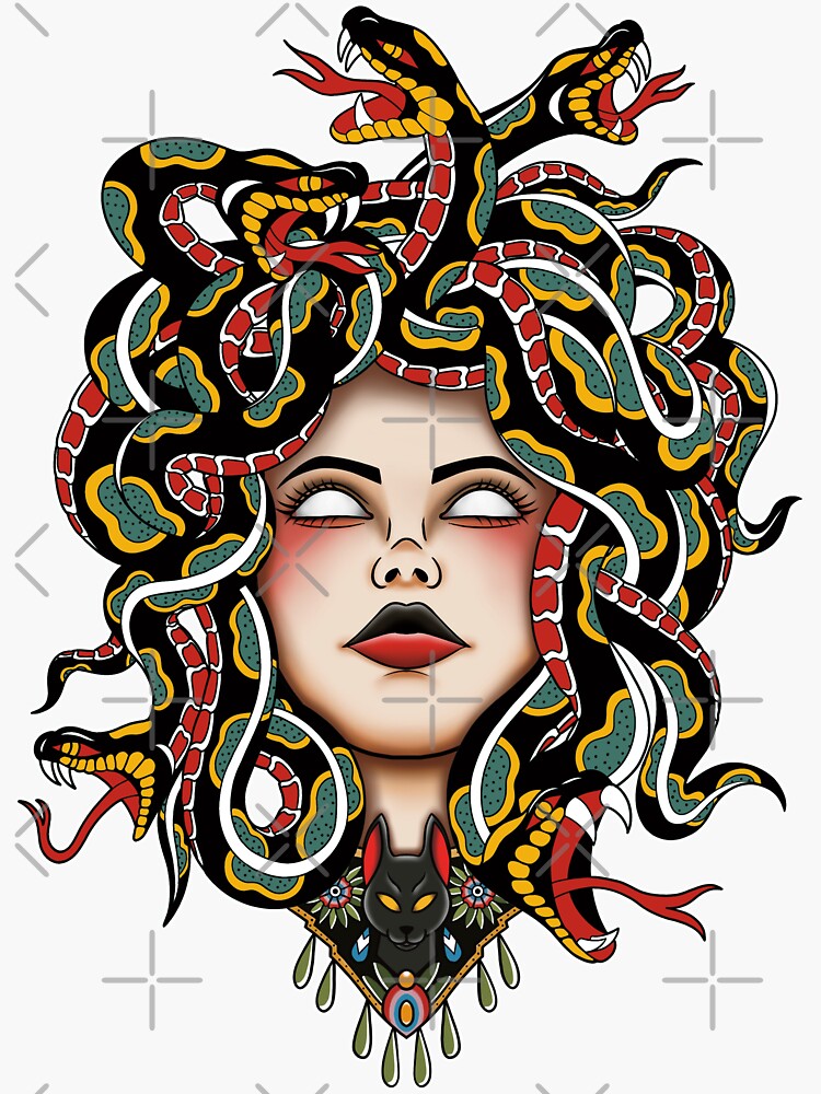 Coral and blue Medusa portrait Sticker for Sale by saraknid