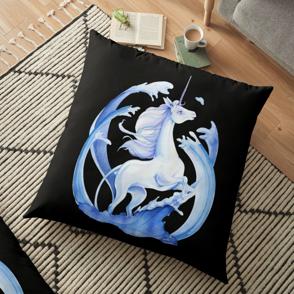 The Last Unicorn Standing In Blue Water Tides Floor Pillow