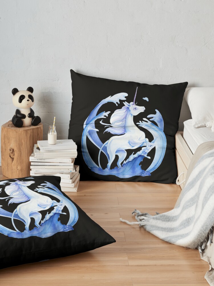 Alternate view of The Last Unicorn Standing In Blue Water Tides Floor Pillow