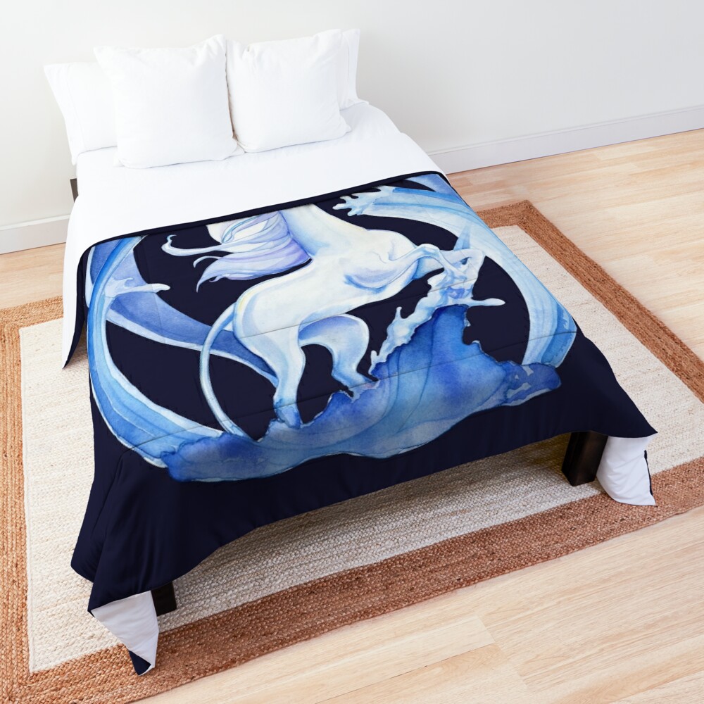 The Last Unicorn Standing In Blue Water Tides Comforter