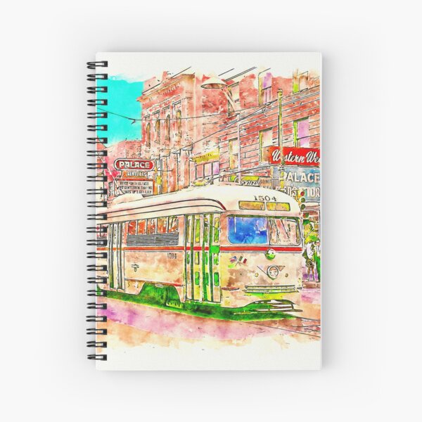 Aperçu de l'œuvre Vieux tramway à El Paso, Texas - croquis au stylo et aquarelle créée et vendue par NickoPrints.