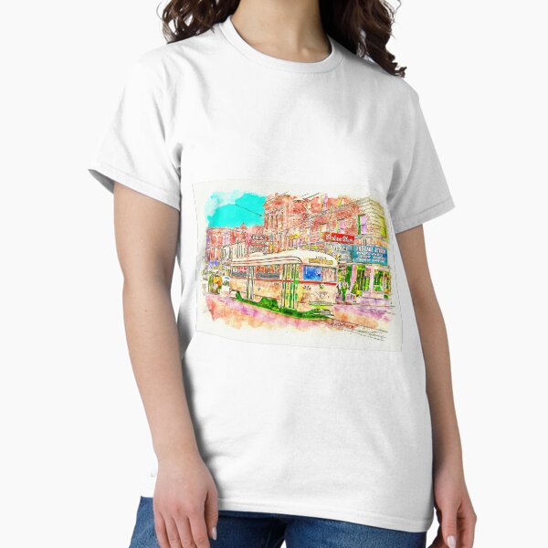 Aperçu de l'œuvre Vieux tramway à El Paso, Texas - croquis au stylo et aquarelle créée et vendue par NickoPrints.