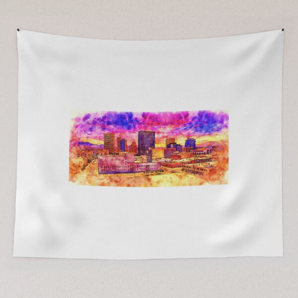 Item preview, Downtown El Paso, Texas, at sunset - pen and watercolor designed and sold by NickoPrints.