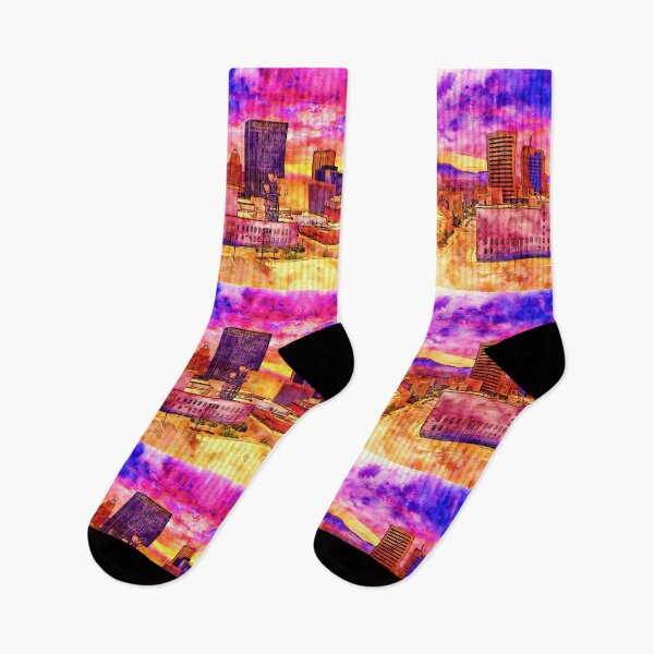 Item preview, Downtown El Paso, Texas, at sunset - pen and watercolor designed and sold by NickoPrints.