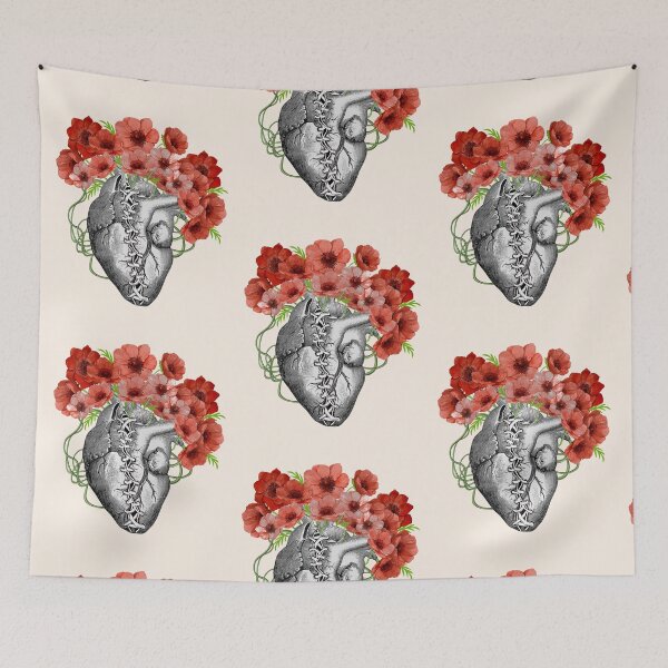 Item preview, Broken heart, floral human heart illustration art, laces, red anemones, tied heart, sewn heart designed and sold by Collagedream.