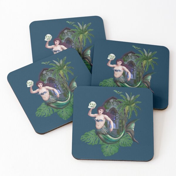 Item preview, tropical goth mermaid with alocasia leaves, palm trees, bats and a skull designed and sold by Francesco Carli.
