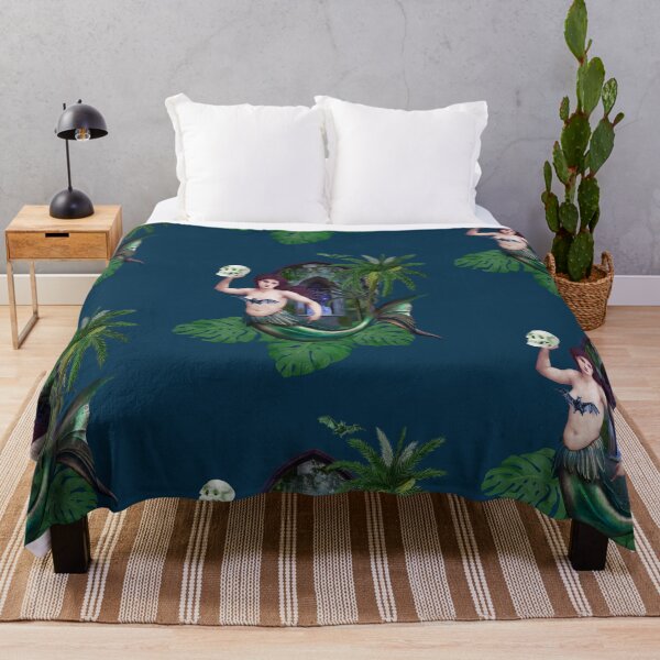 Item preview, tropical goth mermaid with alocasia leaves, palm trees, bats and a skull designed and sold by Francesco Carli.