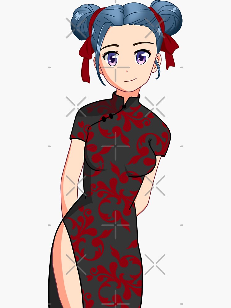 Cute Blue Haired Anime Girl in Qipao Original Artwork Sticker for Sale by  LadyFeatherbutt