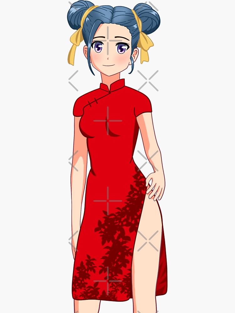 Cute Blue Haired Anime Girl in Qipao Original Artwork Sticker for Sale by  LadyFeatherbutt