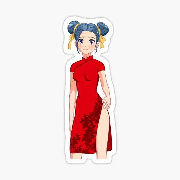 Cute Blue Haired Anime Girl in Qipao Original Artwork Sticker for Sale by  LadyFeatherbutt