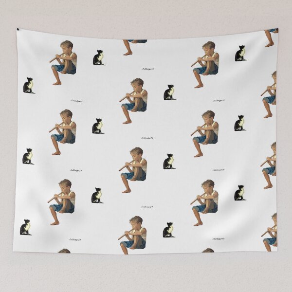 Item preview, a boy a flute and a cat designed and sold by soldesign72.