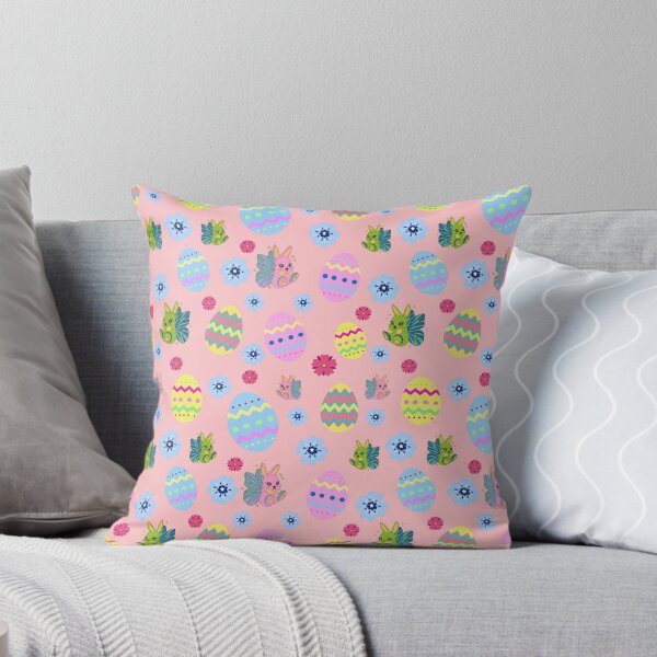 Item preview, Colorful Easter Eggs and Cute Little Bunny Rabbits with flowers on a Pink Background designed and sold by CraftyAnimal.