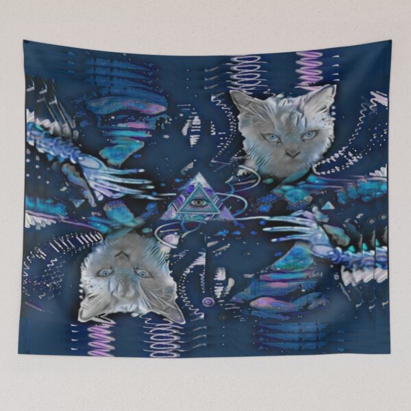 Item preview, Surreal cat portrait on a blue background  designed and sold by Cyberomiz.