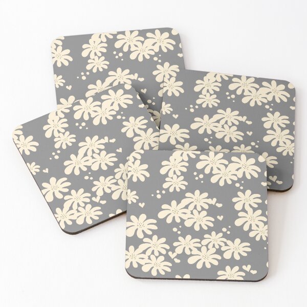 Item preview, Creamy Retro Flowers seamless pattern  on grey background with hearts and dots ,overlapping cute flowers designed and sold by InnaMGraphic.