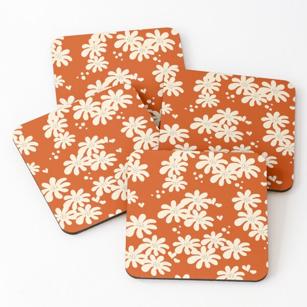 Item preview, Creamy Retro Flowers seamless pattern  on orange background with hearts and dots ,overlapping cute flowers designed and sold by InnaMGraphic.