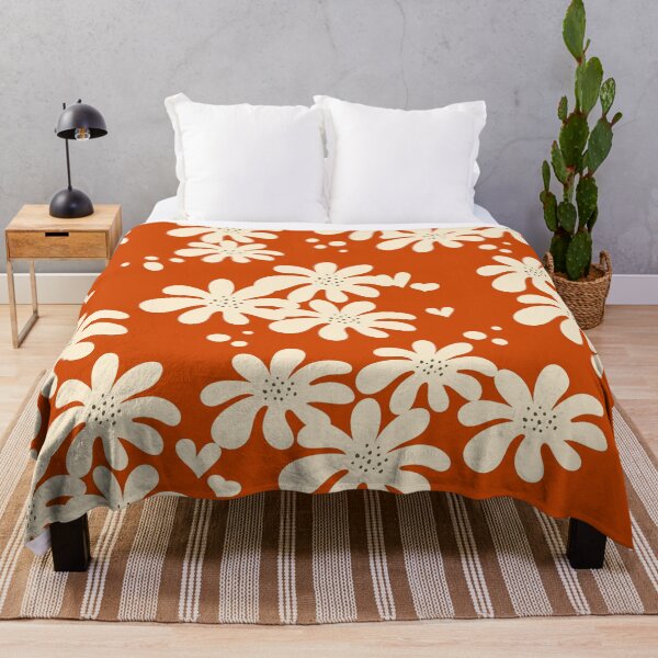 Item preview, Creamy Retro Flowers seamless pattern on orange background with hearts and dots ,overlapping cute flowers designed and sold by InnaMGraphic.