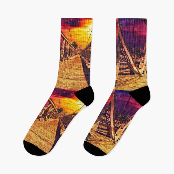 Item preview, The deck of Waco Suspension Bridge at sunset - impasto oil painting designed and sold by NickoPrints.