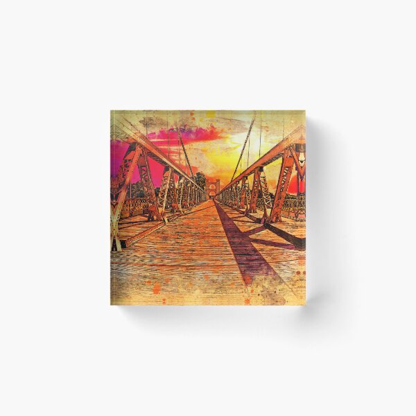 Item preview, The deck of Waco Suspension Bridge at sunset - digital painting with a vintage look designed and sold by NickoPrints.