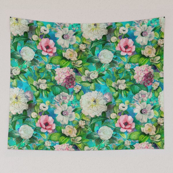 Artikelvorschau, Verträumter Nachtgarten, Vintage Blumen und Rosen, botanisches Blumenmuster, aqua blau Vintage botanisch entworfen und verkauft von ZeinabTaha.