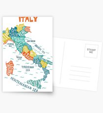Italy decorative hand drawn map with regions. Postcards