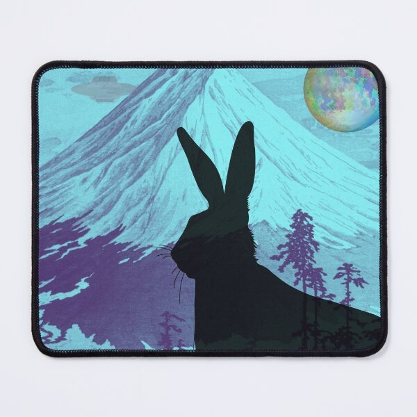 Item preview, Celestial Rabbit looking over a beautiful mountain, cool planet and spaceship designed and sold by Mary Egan.