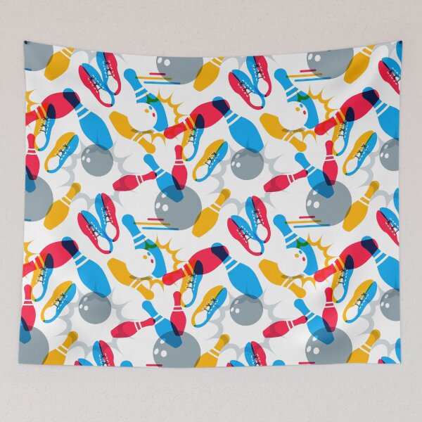Item preview, multicolor background and design elements. Bowling ball, bowling pins, shoes illustration designed and sold by JoycePruit.