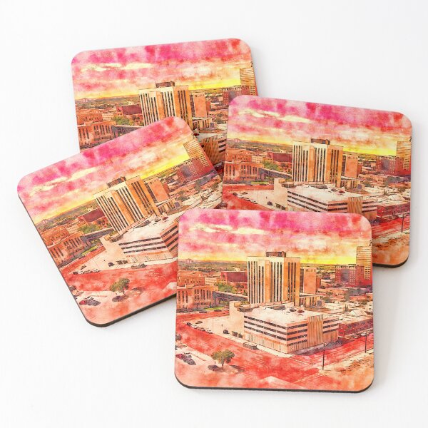 Item preview, Downtown Lubbock, Texas, at sunset - pen and watercolor designed and sold by NickoPrints.