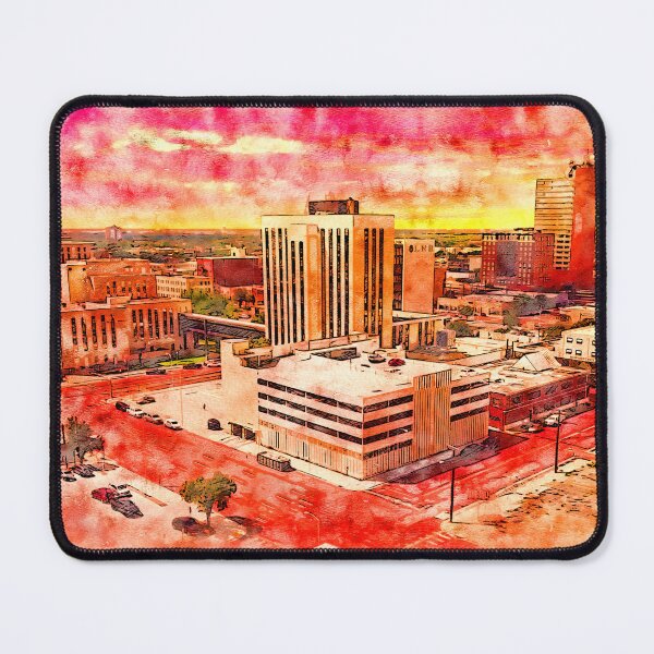 Item preview, Downtown Lubbock, Texas, at sunset - pen and watercolor designed and sold by NickoPrints.