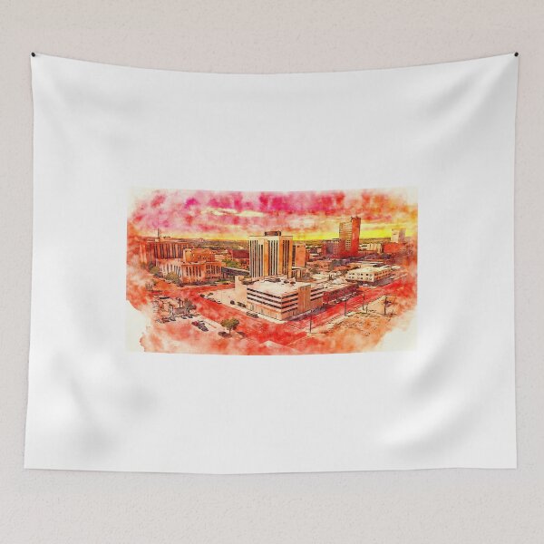 Item preview, Downtown Lubbock, Texas, at sunset - pen and watercolor designed and sold by NickoPrints.