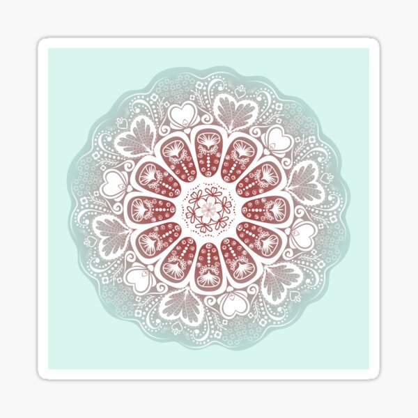 Mandala with Hearts, Flowers and Leaves in Blue and Red Sticker