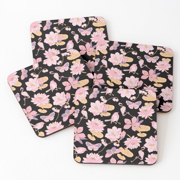Item preview, Waterlilies with birds, flamingos, butterflies (black-pink) designed and sold by Dorina Larsdotter.