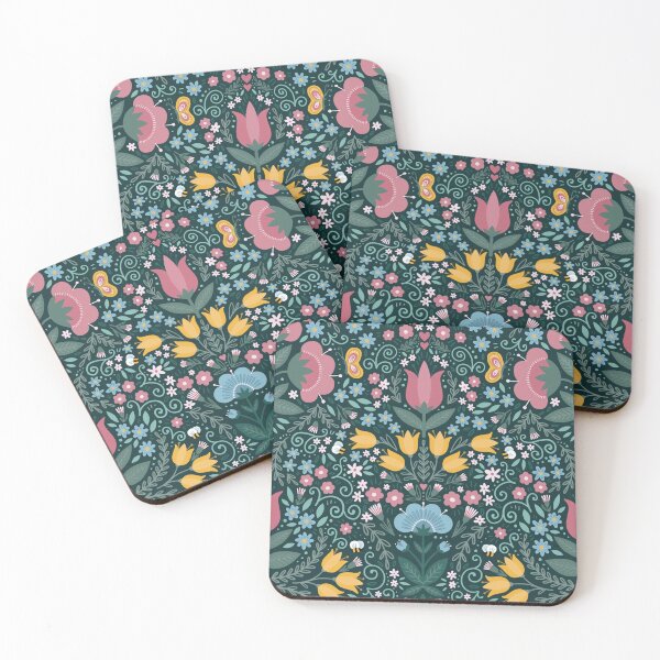 Item preview, Folk floral decor on dark background designed and sold by demonique.
