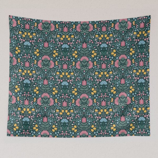 Item preview, Folk floral decor on dark background designed and sold by demonique.