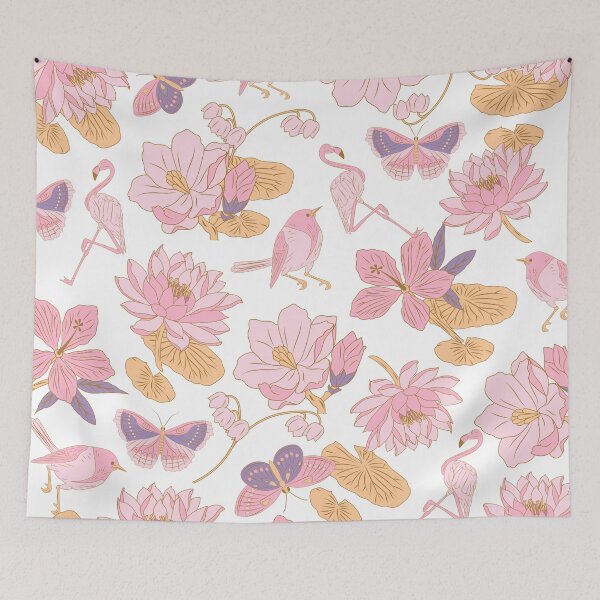 Item preview, Waterlilies with birds, flamingos, butterflies (white-pink) designed and sold by Dorina Larsdotter.