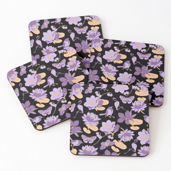 Item preview, Waterlilies with birds, flamingos, butterflies (black-purple) designed and sold by Dorina Larsdotter.