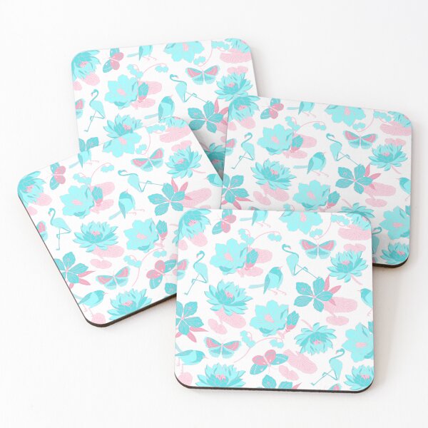 Item preview, Waterlilies with birds, flamingos, butterflies (white-pink-blue) designed and sold by Dorina Larsdotter.