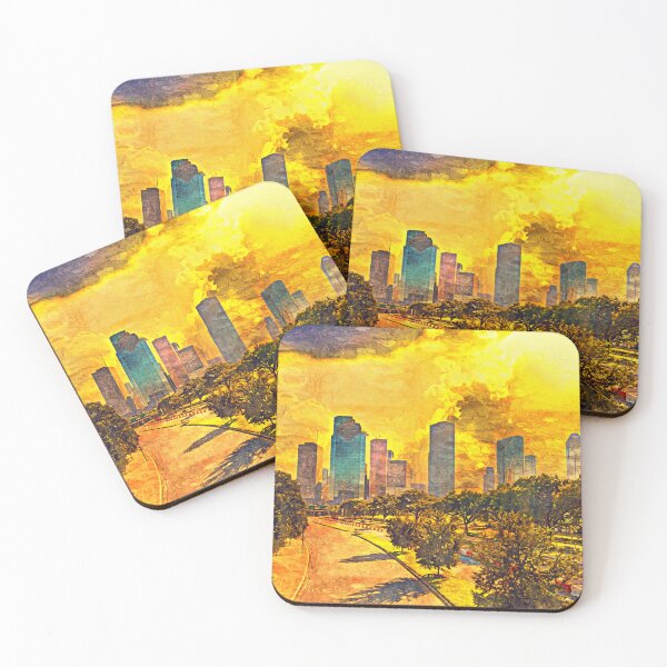Item preview, Skyline of downtown Houston, Texas, at sunset - impasto oil painting designed and sold by NickoPrints.