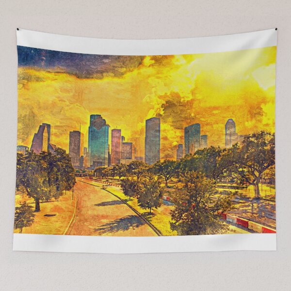Item preview, Skyline of downtown Houston, Texas, at sunset - impasto oil painting designed and sold by NickoPrints.