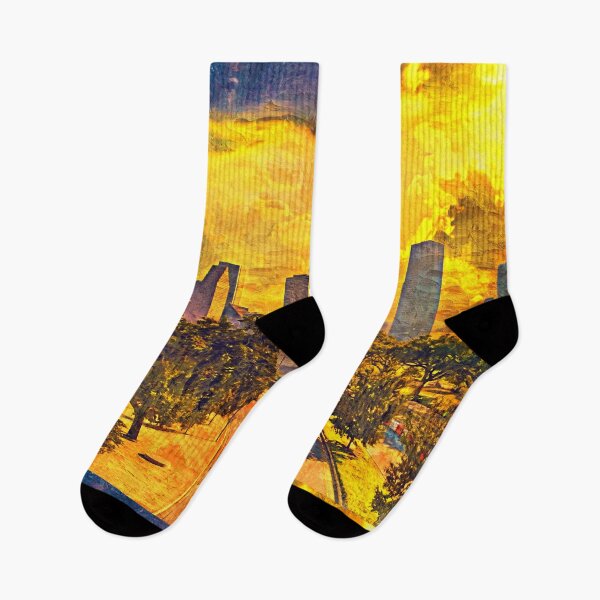 Item preview, Skyline of downtown Houston, Texas, at sunset - impasto oil painting designed and sold by NickoPrints.