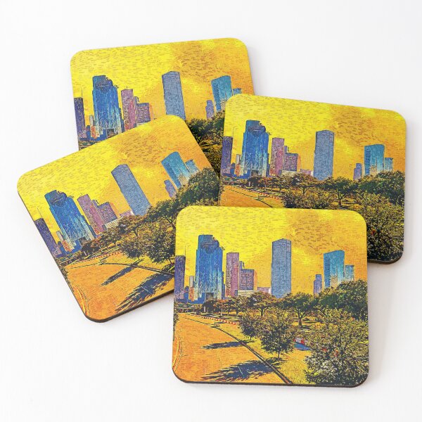 Item preview, Skyline of downtown Houston, Texas, at sunset - impressionist painting designed and sold by NickoPrints.