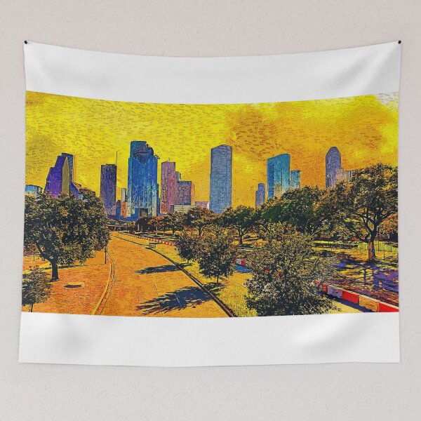 Item preview, Skyline of downtown Houston, Texas, at sunset - impressionist painting designed and sold by NickoPrints.