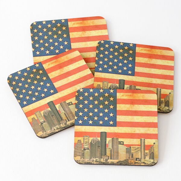 Item preview, Downtown Houston skyline blended with the US flag and printed on old paper texture designed and sold by NickoPrints.