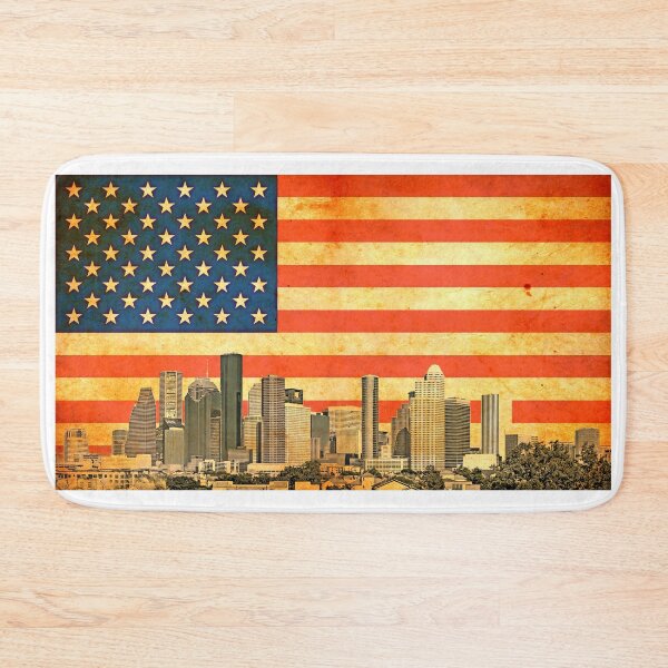 Item preview, Downtown Houston skyline blended with the US flag and printed on old paper texture designed and sold by NickoPrints.