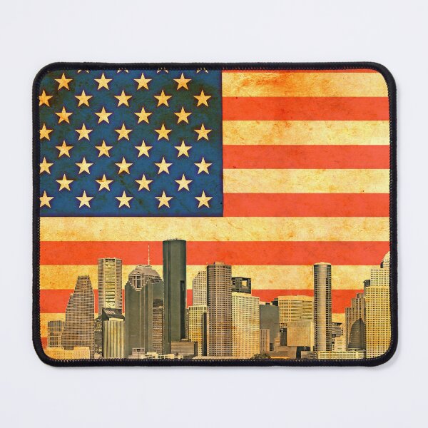 Item preview, Downtown Houston skyline blended with the US flag and printed on old paper texture designed and sold by NickoPrints.