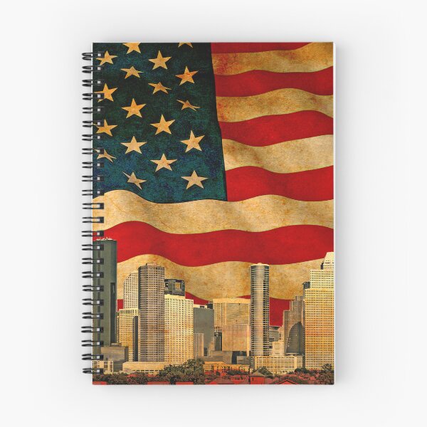 Item preview, Downtown Houston skyline blended with the US flag waving on old paper texture designed and sold by NickoPrints.
