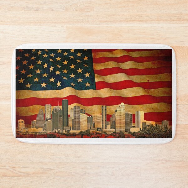 Item preview, Downtown Houston skyline blended with the US flag waving on old paper texture designed and sold by NickoPrints.