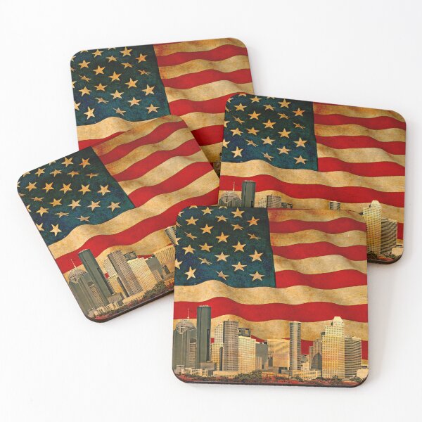 Item preview, Downtown Houston skyline blended with the US flag waving on old paper texture designed and sold by NickoPrints.