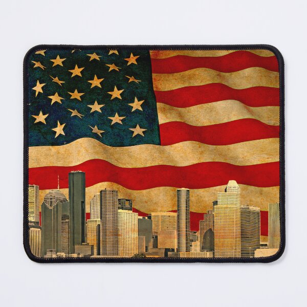 Item preview, Downtown Houston skyline blended with the US flag waving on old paper texture designed and sold by NickoPrints.