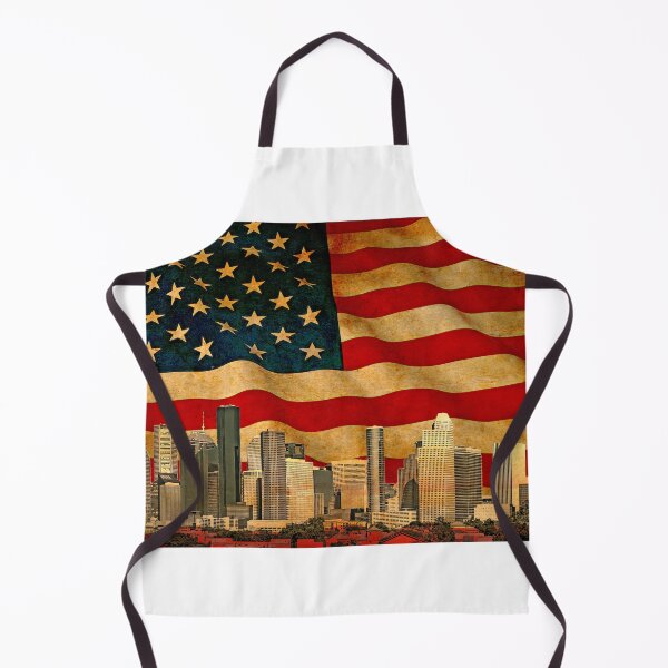 Item preview, Downtown Houston skyline blended with the US flag waving on old paper texture designed and sold by NickoPrints.